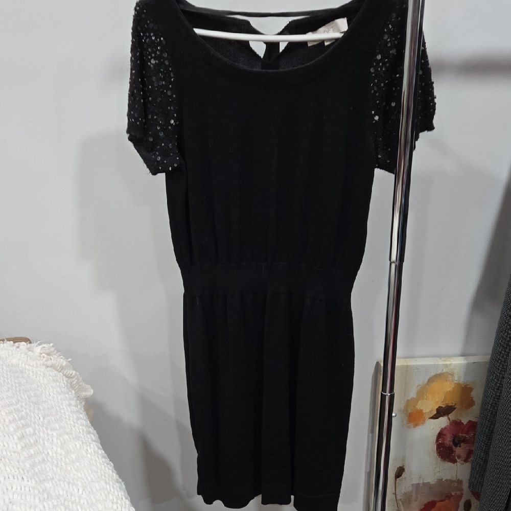 LOFT Black Mini Dress with Sequin Sleeves